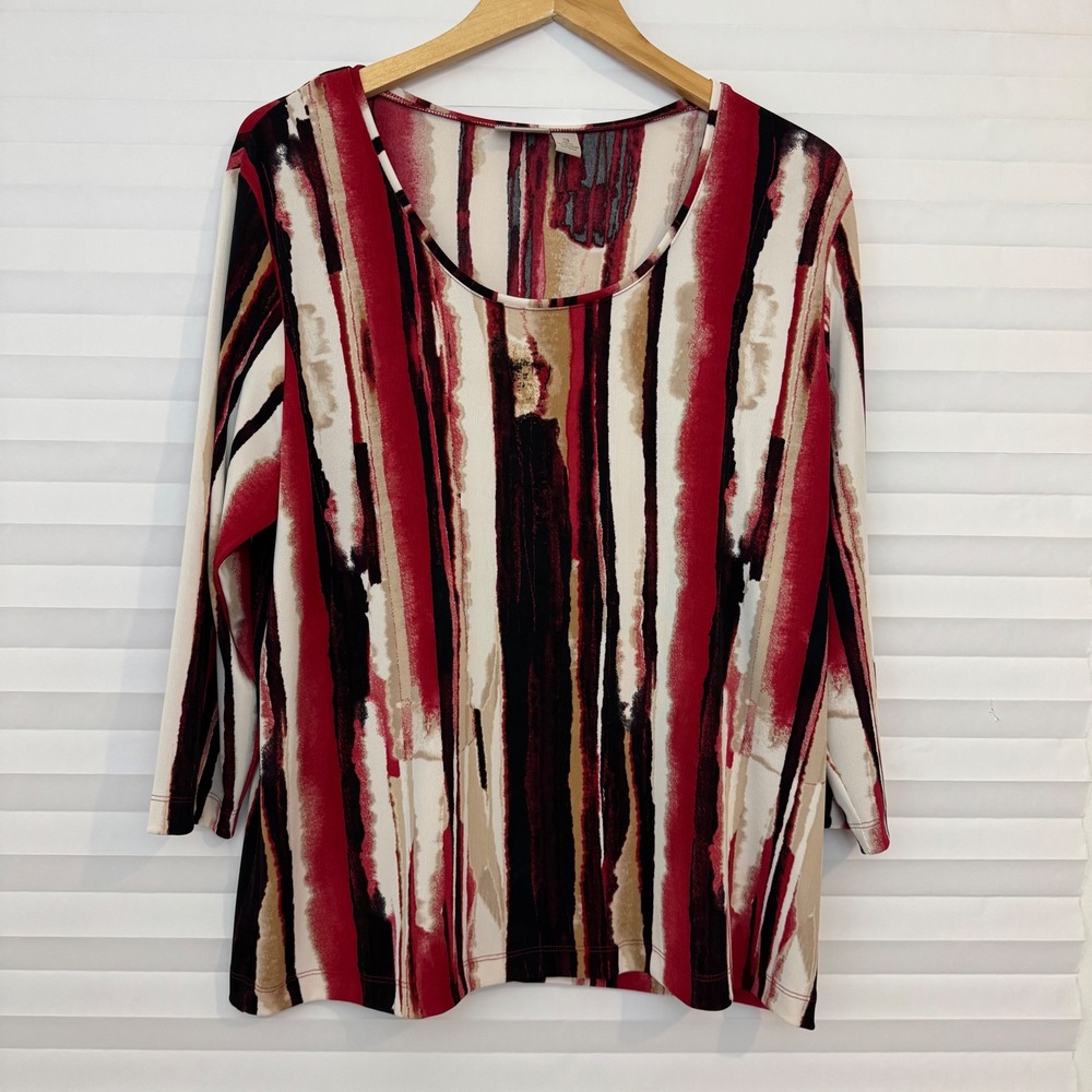 Easywear by Chico's Red‎ Abstract Stripe 3/4 Sleeve Top Size 3 XL Chic Stretch